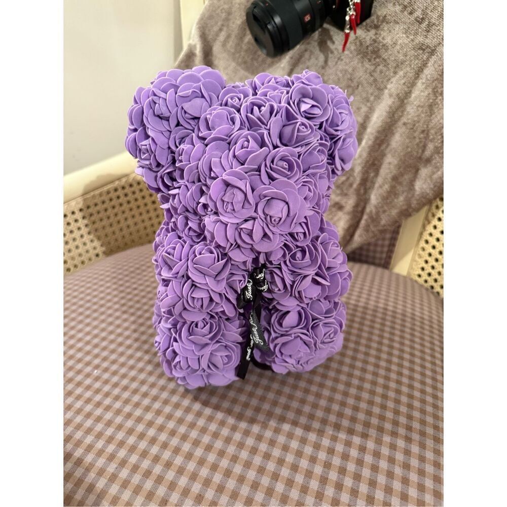 Lavender Rose Teddy Bear Decoration – Faux Flower Gift
